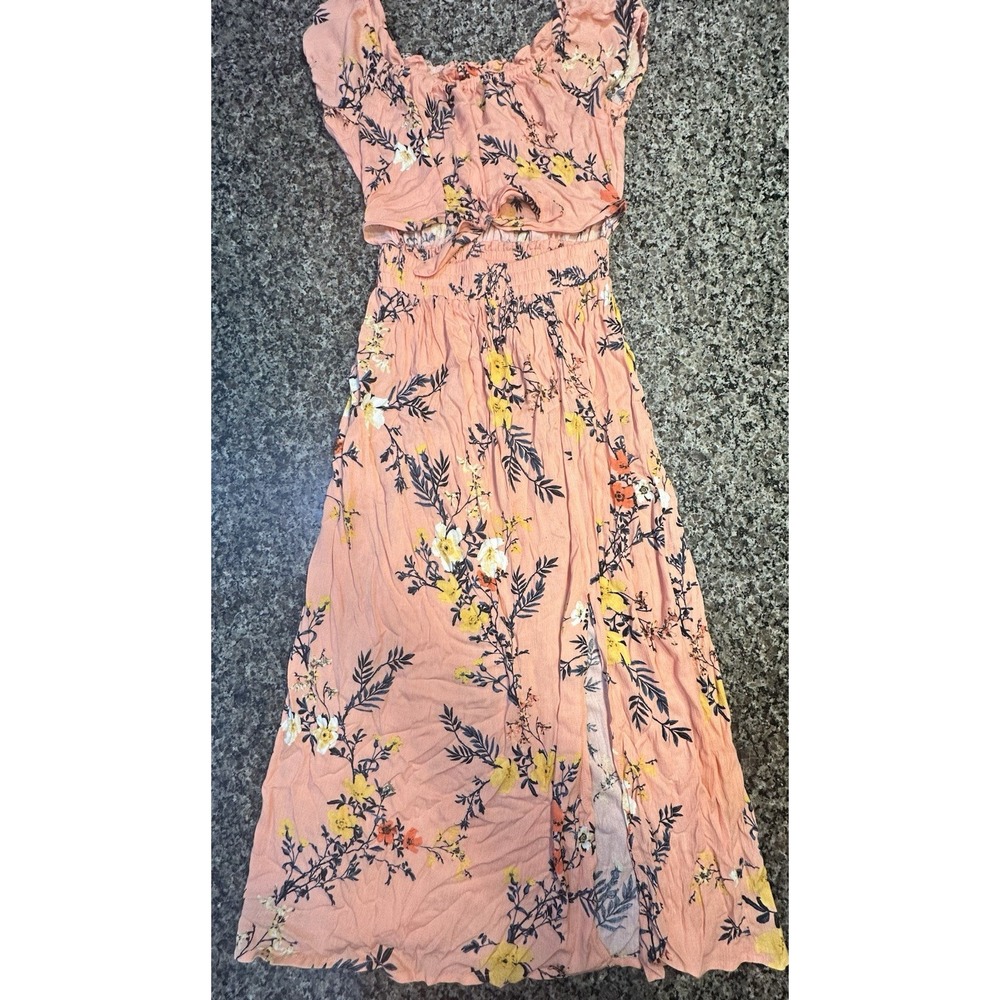 Bebop Peach Floral Smocked Maxi Dress Pink Yellow Flowers Side Slit Womens M